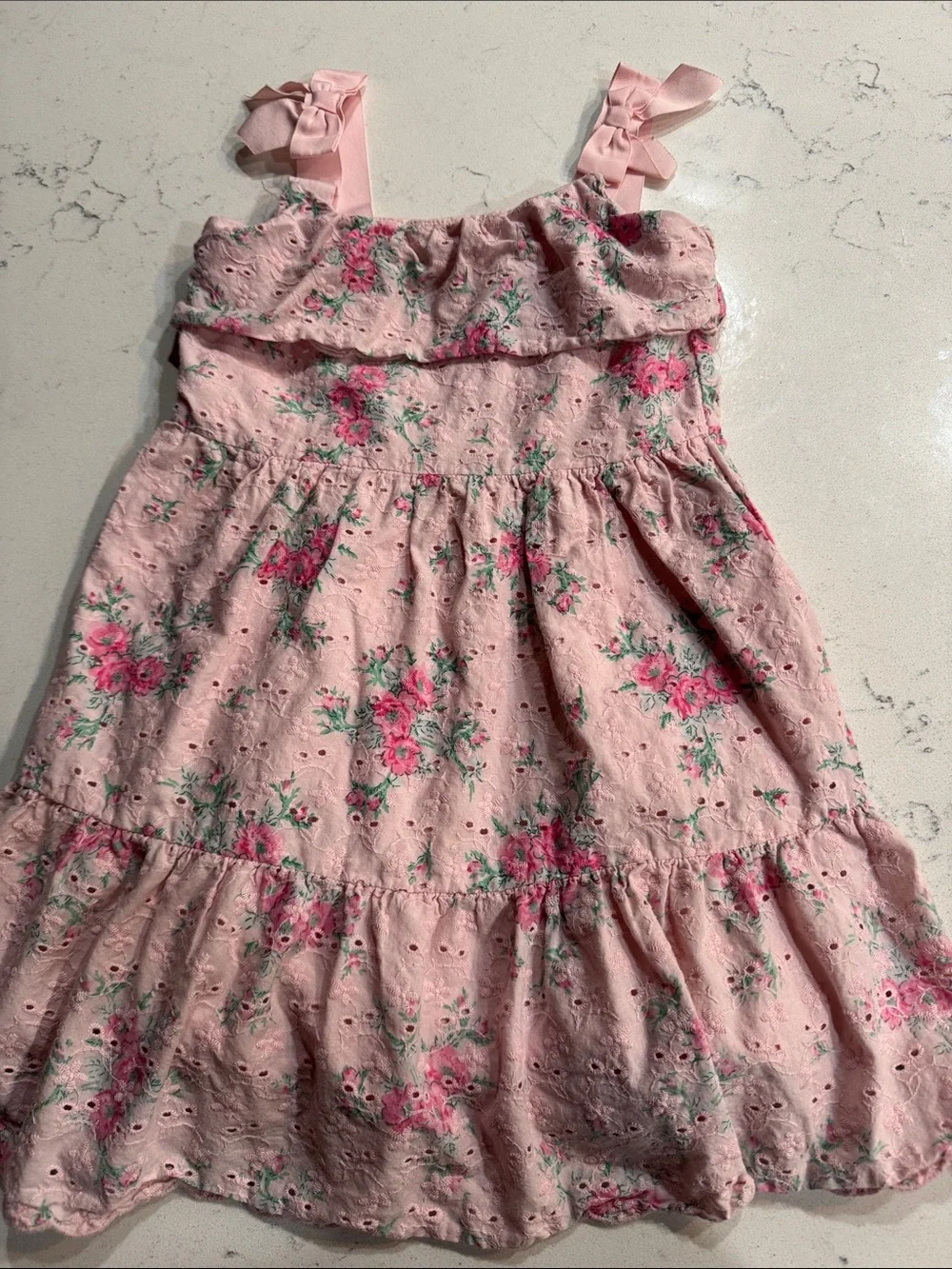 Janie and Jack Pink Floral Eyelet Sundress with Bow Straps and Ruffle Tiers